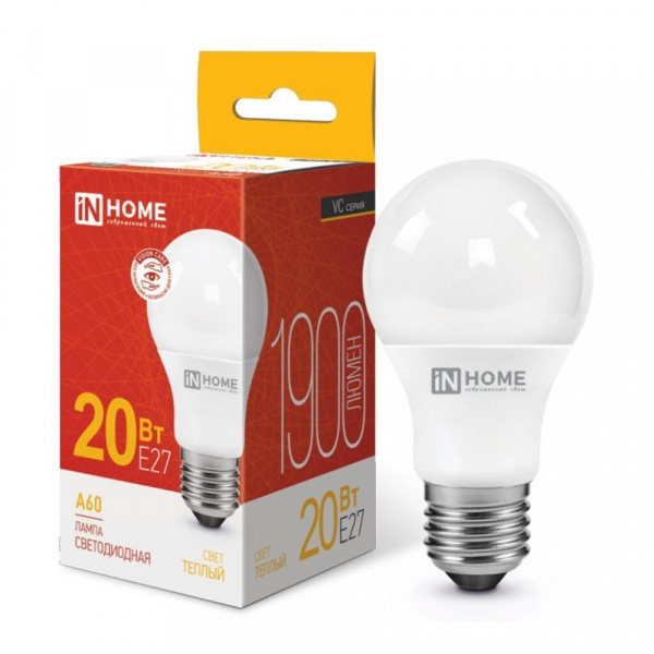Лампа светодиодная IN HOME LED-A60-VC, 20Вт 230 В, Е27, 4000К, 1900 Лм