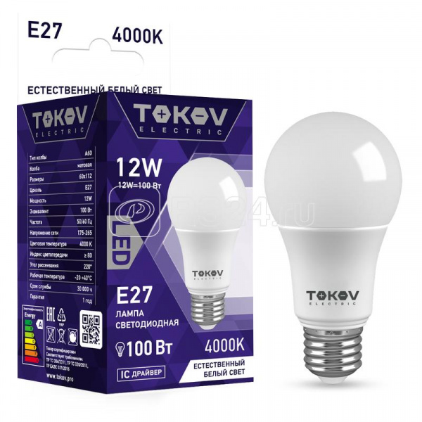 Лампа светодиодная TOKOV ELECTRIC, 12 Вт, Е27, 4000К