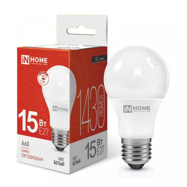 Лампа светодиодная IN HOME LED-A60-VC, 15/90 Вт, Е27, 4000К, 1430 Лм