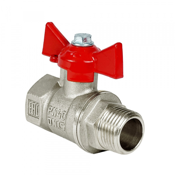 Кран шаровой VALFEX 1/2" внутренняя-наружная резьба ручка-бабочка, НИКЕЛИРОВАННАЯ латунь