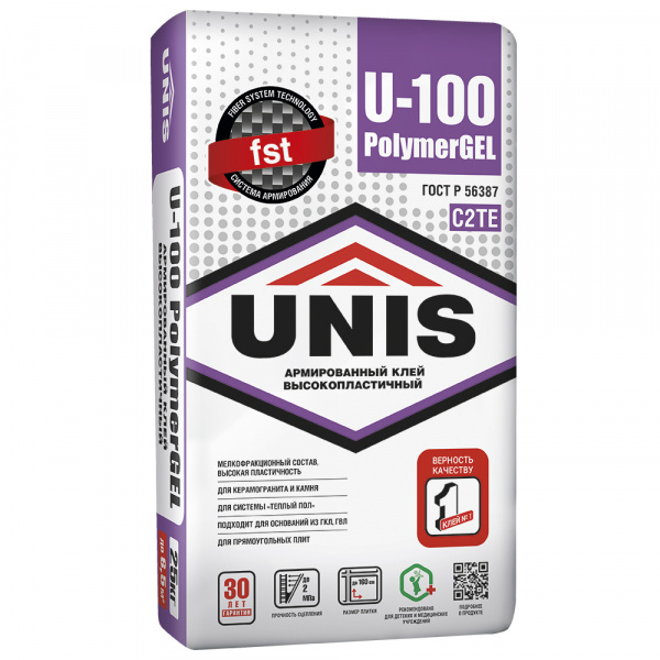 Клей Юнис высокопластичный  армированный  U-100 PolymerGEL  25кг (48шт)